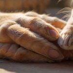 Tierische Petitionen: Geben Sie Tieren Ihre Stimme! Hyperrealistic macro photograph: diverse human hands gently touch various animal features—a golden retriever's paw, tabby cat fur, a rabbit's ear. Warm, soft morning sunlight illuminates intricate textures. Shallow depth of field blurs the natural background. Evokes care, protection, unity. Flawless anatomy, artifact-free. Absolutely no text or letters.