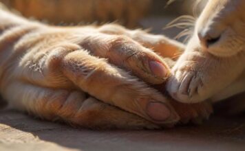 Hyperrealistic macro photograph: diverse human hands gently touch various animal features—a golden retriever's paw, tabby cat fur, a rabbit's ear. Warm, soft morning sunlight illuminates intricate textures. Shallow depth of field blurs the natural background. Evokes care, protection, unity. Flawless anatomy, artifact-free. Absolutely no text or letters.