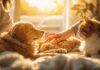 Tierische Podcasts: Unterhaltung und Wissen für Tierfreunde! Hyperrealistic photograph of a person calmly petting a dog and a cat in a sunlit room. Golden hour light, ultra-detailed fur textures, shallow depth of field. Peaceful, warm atmosphere. No text, no letters, no words, no writing.
