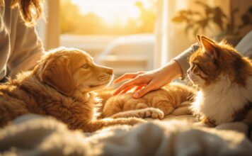 Hyperrealistic photograph of a person calmly petting a dog and a cat in a sunlit room. Golden hour light, ultra-detailed fur textures, shallow depth of field. Peaceful, warm atmosphere. No text, no letters, no words, no writing.