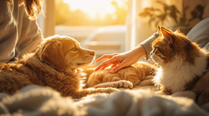 Hyperrealistic photograph of a person calmly petting a dog and a cat in a sunlit room. Golden hour light, ultra-detailed fur textures, shallow depth of field. Peaceful, warm atmosphere. No text, no letters, no words, no writing.
