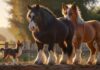 Tierische Rekorde: Unglaubliche Fakten aus der Tierwelt! Hyperrealistic, photorealistic masterpiece capturing animal extremes. A massive, gentle Shire horse with detailed coat texture observes a minuscule, perfectly formed Chihuahua perched on a rustic wooden fence. Warm, golden hour lighting illuminates the scene, creating long shadows. Sunlit meadow background. Focus on flawless anatomy, realistic fur, dramatic size difference. No text, letters, or artifacts.