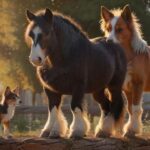 Hyperrealistic, photorealistic masterpiece capturing animal extremes. A massive, gentle Shire horse with detailed coat texture observes a minuscule, perfectly formed Chihuahua perched on a rustic wooden fence. Warm, golden hour lighting illuminates the scene, creating long shadows. Sunlit meadow background. Focus on flawless anatomy, realistic fur, dramatic size difference. No text, letters, or artifacts.