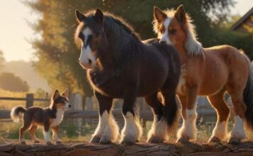 Hyperrealistic, photorealistic masterpiece capturing animal extremes. A massive, gentle Shire horse with detailed coat texture observes a minuscule, perfectly formed Chihuahua perched on a rustic wooden fence. Warm, golden hour lighting illuminates the scene, creating long shadows. Sunlit meadow background. Focus on flawless anatomy, realistic fur, dramatic size difference. No text, letters, or artifacts.