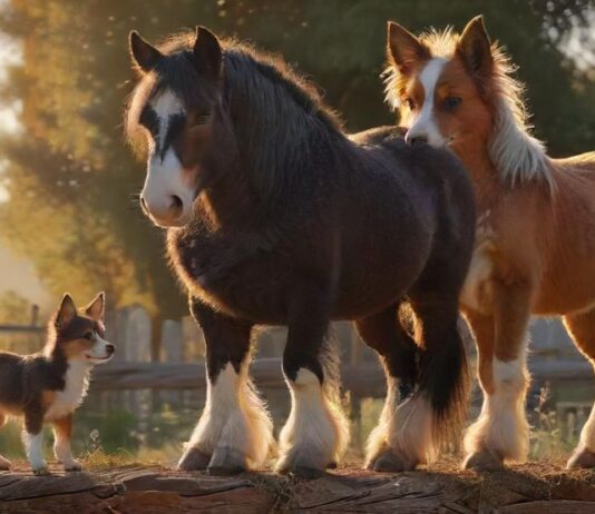 Hyperrealistic, photorealistic masterpiece capturing animal extremes. A massive, gentle Shire horse with detailed coat texture observes a minuscule, perfectly formed Chihuahua perched on a rustic wooden fence. Warm, golden hour lighting illuminates the scene, creating long shadows. Sunlit meadow background. Focus on flawless anatomy, realistic fur, dramatic size difference. No text, letters, or artifacts.