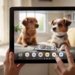 Tierische Social Media Gruppen: Vernetzen Sie sich mit anderen Tierliebhabern! Hyperrealistic photograph capturing a person's hands holding a sleek tablet indoors. The screen brightly displays a clean grid showcasing diverse, photorealistic pet portraits: a cheerful dog, a relaxed cat, a small colorful bird. Soft, warm light streams from a window. Extremely detailed textures, shallow depth of field. Absolutely no text, letters, or UI elements. Flawless rendering. Turbo model quality.