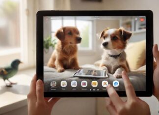 Hyperrealistic photograph capturing a person's hands holding a sleek tablet indoors. The screen brightly displays a clean grid showcasing diverse, photorealistic pet portraits: a cheerful dog, a relaxed cat, a small colorful bird. Soft, warm light streams from a window. Extremely detailed textures, shallow depth of field. Absolutely no text, letters, or UI elements. Flawless rendering. Turbo model quality.