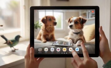 Tierische Social Media Gruppen: Vernetzen Sie sich mit anderen Tierliebhabern! Hyperrealistic photograph capturing a person's hands holding a sleek tablet indoors. The screen brightly displays a clean grid showcasing diverse, photorealistic pet portraits: a cheerful dog, a relaxed cat, a small colorful bird. Soft, warm light streams from a window. Extremely detailed textures, shallow depth of field. Absolutely no text, letters, or UI elements. Flawless rendering. Turbo model quality.