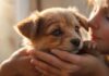 Tierische Spendenaktionen: So können Sie Tieren in Not helfen! Hyperrealistic close-up photograph capturing gentle human hands tenderly petting a small, hopeful-looking rescue puppy with soft brown fur. Warm, golden hour sunlight streams through a slightly blurred background window, illuminating dust motes. Focus sharp on the puppy's expressive eyes and the realistic texture of fur and skin. Shallow depth of field creates soft bokeh. Absolutely no text or artifacts. Cinematic lighting, emotional connection.