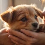 Tierische Spendenaktionen: So können Sie Tieren in Not helfen! Hyperrealistic close-up photograph capturing gentle human hands tenderly petting a small, hopeful-looking rescue puppy with soft brown fur. Warm, golden hour sunlight streams through a slightly blurred background window, illuminating dust motes. Focus sharp on the puppy's expressive eyes and the realistic texture of fur and skin. Shallow depth of field creates soft bokeh. Absolutely no text or artifacts. Cinematic lighting, emotional connection.