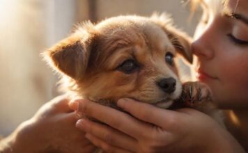 Tierische Spendenaktionen: So können Sie Tieren in Not helfen! Hyperrealistic close-up photograph capturing gentle human hands tenderly petting a small, hopeful-looking rescue puppy with soft brown fur. Warm, golden hour sunlight streams through a slightly blurred background window, illuminating dust motes. Focus sharp on the puppy's expressive eyes and the realistic texture of fur and skin. Shallow depth of field creates soft bokeh. Absolutely no text or artifacts. Cinematic lighting, emotional connection.