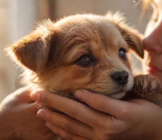 Hyperrealistic close-up photograph capturing gentle human hands tenderly petting a small, hopeful-looking rescue puppy with soft brown fur. Warm, golden hour sunlight streams through a slightly blurred background window, illuminating dust motes. Focus sharp on the puppy's expressive eyes and the realistic texture of fur and skin. Shallow depth of field creates soft bokeh. Absolutely no text or artifacts. Cinematic lighting, emotional connection.