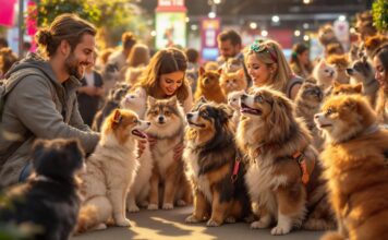 Tierische Veranstaltungen: Erlebnisse für Tierfreunde! Hyperrealistic photograph capturing a vibrant animal event scene. Focus on cheerful people engaging with various hyper-detailed pets, including diverse dog breeds and elegant cats in carriers or on display stands. Lush textures of fur and fabric. Dynamic composition, warm atmospheric lighting creating highlights and shadows. Shallow depth of field focusing on a central interaction. No text, letters, or words present anywhere in the image.