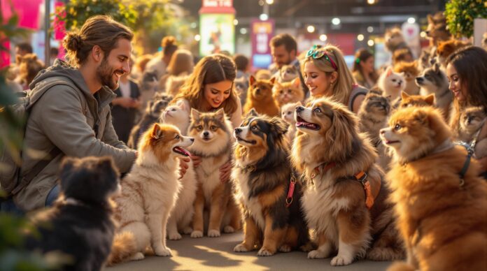 Hyperrealistic photograph capturing a vibrant animal event scene. Focus on cheerful people engaging with various hyper-detailed pets, including diverse dog breeds and elegant cats in carriers or on display stands. Lush textures of fur and fabric. Dynamic composition, warm atmospheric lighting creating highlights and shadows. Shallow depth of field focusing on a central interaction. No text, letters, or words present anywhere in the image.
