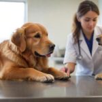 Hyperrealistic photograph capturing a compassionate female veterinarian gently examining a calm Golden Retriever on a stainless steel table in a bright, modern clinic. Soft, warm lighting enhances realistic fur textures and professional atmosphere. Shallow depth of field blurs background instruments. Absolutely no text or letters visible anywhere. Flawless, artifact-free rendering.