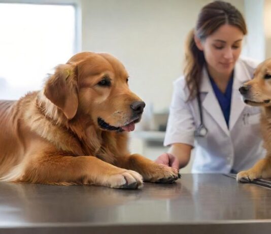 Hyperrealistic photograph capturing a compassionate female veterinarian gently examining a calm Golden Retriever on a stainless steel table in a bright, modern clinic. Soft, warm lighting enhances realistic fur textures and professional atmosphere. Shallow depth of field blurs background instruments. Absolutely no text or letters visible anywhere. Flawless, artifact-free rendering.