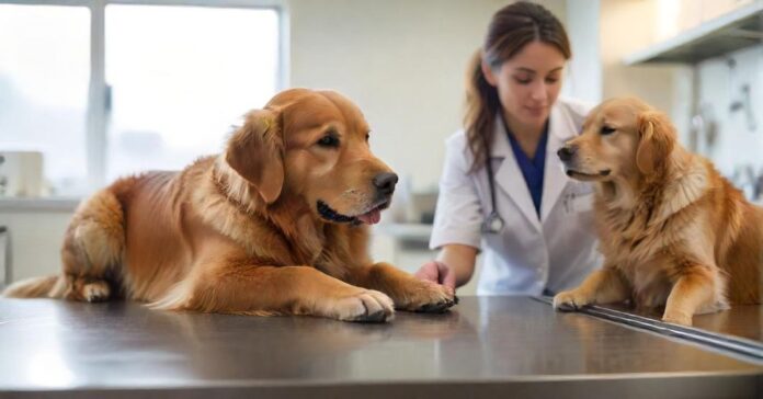 Hyperrealistic photograph capturing a compassionate female veterinarian gently examining a calm Golden Retriever on a stainless steel table in a bright, modern clinic. Soft, warm lighting enhances realistic fur textures and professional atmosphere. Shallow depth of field blurs background instruments. Absolutely no text or letters visible anywhere. Flawless, artifact-free rendering.