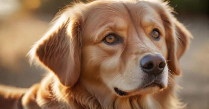 Hyperrealistic photograph, ultra-detailed close-up portrait of a wise, loyal Golden Retriever dog. Soft golden hour sunlight illuminates its detailed fur. Soulful, intelligent eyes look gently towards the viewer. Shallow depth of field, bokeh background. Flawless rendering, anatomically correct, absolutely no text, letters, or artifacts.