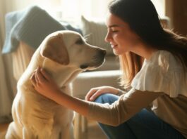 Hyperrealistic photorealistic image of a young woman kneeling and gently petting a Labrador Retriever, looking into its eyes with a gentle and understanding gaze. Soft, natural light streaming through a window illuminates a cozy living room setting. Shallow depth of field, focus on the connection between human and dog. Artefact-free, no text.