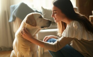 Hyperrealistic photorealistic image of a young woman kneeling and gently petting a Labrador Retriever, looking into its eyes with a gentle and understanding gaze. Soft, natural light streaming through a window illuminates a cozy living room setting. Shallow depth of field, focus on the connection between human and dog. Artefact-free, no text.