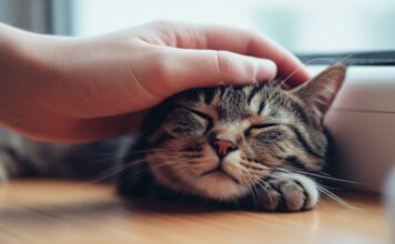 Hyperrealistic close-up photo: A gentle human hand softly strokes a relaxed tabby cat's head. Soft window light, incredibly detailed fur texture, shallow depth of field. Intimate, tender moment. No text, anatomically correct, artifact-free.