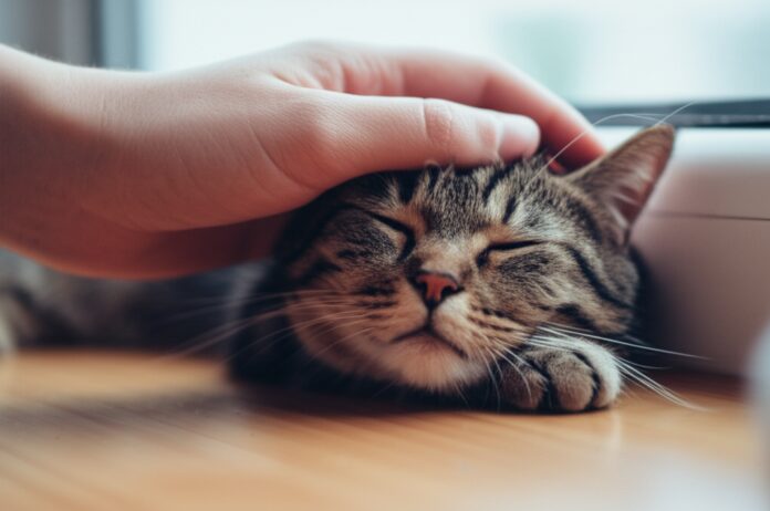Hyperrealistic close-up photo: A gentle human hand softly strokes a relaxed tabby cat's head. Soft window light, incredibly detailed fur texture, shallow depth of field. Intimate, tender moment. No text, anatomically correct, artifact-free.