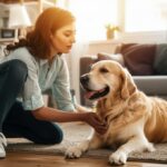 Hyperrealistic photograph. Warm, sunlit living room. A young woman, a kind pet sitter, kneels, gently petting a happy golden retriever. Dog looks at her affectionately. Detailed fur, realistic skin, soft natural light, cozy home atmosphere. Shallow depth of field, bokeh background. No text, artifact-free, professional quality.