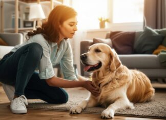 Hyperrealistic photograph. Warm, sunlit living room. A young woman, a kind pet sitter, kneels, gently petting a happy golden retriever. Dog looks at her affectionately. Detailed fur, realistic skin, soft natural light, cozy home atmosphere. Shallow depth of field, bokeh background. No text, artifact-free, professional quality.