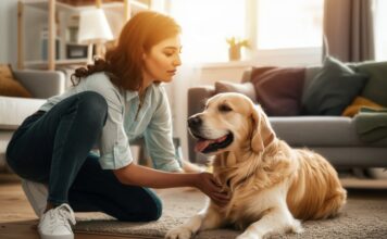 Hyperrealistic photograph. Warm, sunlit living room. A young woman, a kind pet sitter, kneels, gently petting a happy golden retriever. Dog looks at her affectionately. Detailed fur, realistic skin, soft natural light, cozy home atmosphere. Shallow depth of field, bokeh background. No text, artifact-free, professional quality.