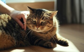 Hyperrealistic close-up: woman's hand gently strokes slightly overweight tabby cat's side, checking ribs. Soft sunlight streams through window, volumetric light, shadows. Focus on fur texture, hand details, warm atmosphere. Shallow depth of field. Artifact-free, no text.