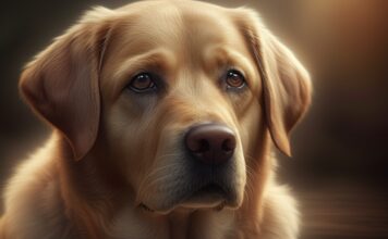 Hyperrealistic close-up portrait of a slightly overweight Labrador Retriever dog. Soft, natural morning light. Focus on fur texture, sad and thoughtful expression in the dog's eyes. No text.
