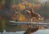 Hyperrealistic, photorealistic shot: A man paddles a stand-up paddleboard across a mirror-calm alpine lake. His happy golden retriever sits attentively on the board's front, water drops glistening on its wet fur. Warm afternoon sun creates soft reflections. Pine-covered mountains frame the distant background. Flawless anatomy, artifact-free. Absolutely no text. Cinematic lighting, sharp focus.