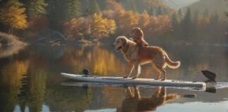 Hyperrealistic, photorealistic shot: A man paddles a stand-up paddleboard across a mirror-calm alpine lake. His happy golden retriever sits attentively on the board's front, water drops glistening on its wet fur. Warm afternoon sun creates soft reflections. Pine-covered mountains frame the distant background. Flawless anatomy, artifact-free. Absolutely no text. Cinematic lighting, sharp focus.