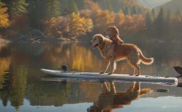 Hyperrealistic, photorealistic shot: A man paddles a stand-up paddleboard across a mirror-calm alpine lake. His happy golden retriever sits attentively on the board's front, water drops glistening on its wet fur. Warm afternoon sun creates soft reflections. Pine-covered mountains frame the distant background. Flawless anatomy, artifact-free. Absolutely no text. Cinematic lighting, sharp focus.