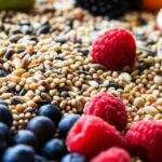 Hyperrealistic close-up still life of vibrant bird food: assortment of seeds, grains, fresh berries, diced colorful fruits and vegetables, and a natural cuttlebone. Soft, natural daylight from a window, shallow depth of field, focus on intricate textures and details, artifact-free, no text.