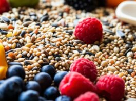 Hyperrealistic close-up still life of vibrant bird food: assortment of seeds, grains, fresh berries, diced colorful fruits and vegetables, and a natural cuttlebone. Soft, natural daylight from a window, shallow depth of field, focus on intricate textures and details, artifact-free, no text.