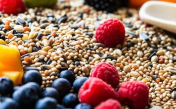 Hyperrealistic close-up still life of vibrant bird food: assortment of seeds, grains, fresh berries, diced colorful fruits and vegetables, and a natural cuttlebone. Soft, natural daylight from a window, shallow depth of field, focus on intricate textures and details, artifact-free, no text.