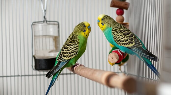 Hyperrealistic close-up inside a bright birdcage. Two budgerigars perch on a natural branch, playing with a toy. Clean feeders, water. Soft window light, shallow depth of field, highlighting feather and wood textures. Artifact-free, no text.