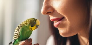 Hyperrealistic close-up portrait of a woman gently examining her vibrant budgie. Soft morning light streaming through a window illuminates the scene. Focus on the detailed texture of the budgie's feathers and the woman's caring expression as she checks for signs of illness. Photorealistic skin and bird anatomy. No text or words in the image. Cinematic, sharp focus, artifact-free.