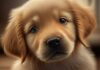Hyperrealistic close-up portrait of an 8-week-old Golden Retriever puppy. Innocent, bright eyes looking directly into the camera, slightly tilted head, curious and playful expression. Soft, detailed fur, wet nose, gentle paws. Warm indoor lighting, shallow depth of field for focus. No text, photorealistic, artifact-free.