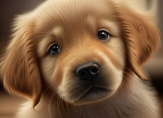 Hyperrealistic close-up portrait of an 8-week-old Golden Retriever puppy. Innocent, bright eyes looking directly into the camera, slightly tilted head, curious and playful expression. Soft, detailed fur, wet nose, gentle paws. Warm indoor lighting, shallow depth of field for focus. No text, photorealistic, artifact-free.