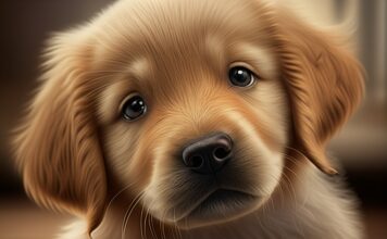 Welpenerziehung: Die ersten Schritte zum gut erzogenen Hund! Hyperrealistic close-up portrait of an 8-week-old Golden Retriever puppy. Innocent, bright eyes looking directly into the camera, slightly tilted head, curious and playful expression. Soft, detailed fur, wet nose, gentle paws. Warm indoor lighting, shallow depth of field for focus. No text, photorealistic, artifact-free.