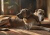 Hyperrealistic, artifact-free photograph capturing an elderly fawn Great Dane, a gentle giant, resting serenely indoors on a comfortable, textured rug. Subtle grey highlights its muzzle. Soft, warm sunlight streams through a nearby window, creating dramatic shadows and emphasizing the dog's detailed fur and wise, calm eyes. A caring human hand gently strokes its head. Shallow depth of field enhances the intimate, peaceful mood. Absolutely no text, letters, or writing visible anywhere.
