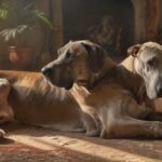 Hyperrealistic, artifact-free photograph capturing an elderly fawn Great Dane, a gentle giant, resting serenely indoors on a comfortable, textured rug. Subtle grey highlights its muzzle. Soft, warm sunlight streams through a nearby window, creating dramatic shadows and emphasizing the dog's detailed fur and wise, calm eyes. A caring human hand gently strokes its head. Shallow depth of field enhances the intimate, peaceful mood. Absolutely no text, letters, or writing visible anywhere.
