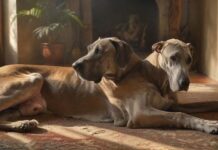 Hyperrealistic, artifact-free photograph capturing an elderly fawn Great Dane, a gentle giant, resting serenely indoors on a comfortable, textured rug. Subtle grey highlights its muzzle. Soft, warm sunlight streams through a nearby window, creating dramatic shadows and emphasizing the dog's detailed fur and wise, calm eyes. A caring human hand gently strokes its head. Shallow depth of field enhances the intimate, peaceful mood. Absolutely no text, letters, or writing visible anywhere.