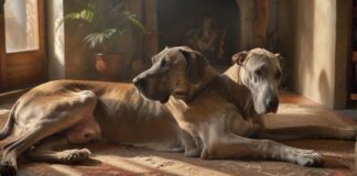 Hyperrealistic, artifact-free photograph capturing an elderly fawn Great Dane, a gentle giant, resting serenely indoors on a comfortable, textured rug. Subtle grey highlights its muzzle. Soft, warm sunlight streams through a nearby window, creating dramatic shadows and emphasizing the dog's detailed fur and wise, calm eyes. A caring human hand gently strokes its head. Shallow depth of field enhances the intimate, peaceful mood. Absolutely no text, letters, or writing visible anywhere.