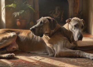 Hyperrealistic, artifact-free photograph capturing an elderly fawn Great Dane, a gentle giant, resting serenely indoors on a comfortable, textured rug. Subtle grey highlights its muzzle. Soft, warm sunlight streams through a nearby window, creating dramatic shadows and emphasizing the dog's detailed fur and wise, calm eyes. A caring human hand gently strokes its head. Shallow depth of field enhances the intimate, peaceful mood. Absolutely no text, letters, or writing visible anywhere.