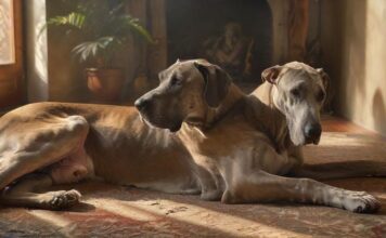 Hyperrealistic, artifact-free photograph capturing an elderly fawn Great Dane, a gentle giant, resting serenely indoors on a comfortable, textured rug. Subtle grey highlights its muzzle. Soft, warm sunlight streams through a nearby window, creating dramatic shadows and emphasizing the dog's detailed fur and wise, calm eyes. A caring human hand gently strokes its head. Shallow depth of field enhances the intimate, peaceful mood. Absolutely no text, letters, or writing visible anywhere.