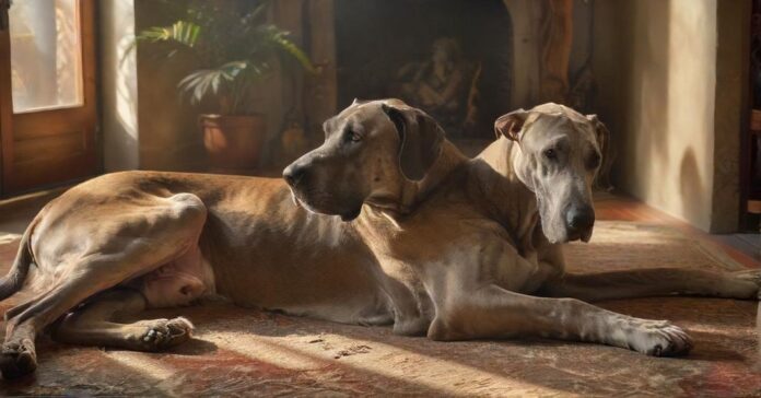 Hyperrealistic, artifact-free photograph capturing an elderly fawn Great Dane, a gentle giant, resting serenely indoors on a comfortable, textured rug. Subtle grey highlights its muzzle. Soft, warm sunlight streams through a nearby window, creating dramatic shadows and emphasizing the dog's detailed fur and wise, calm eyes. A caring human hand gently strokes its head. Shallow depth of field enhances the intimate, peaceful mood. Absolutely no text, letters, or writing visible anywhere.