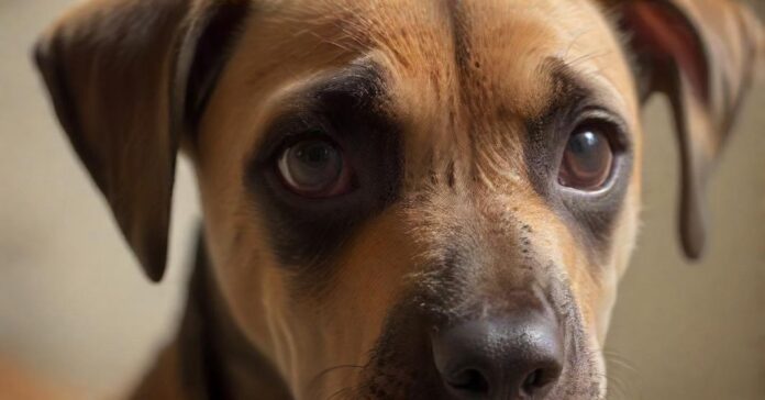 Hyperrealistic extreme close-up of a young fawn Great Dane puppy's face. Focus on its large, soulful, innocent brown eyes, moist nose, and delicately detailed short fur. Soft, warm, directional lighting creates subtle shadows, enhancing realism. Shallow depth of field, background softly blurred. No text, no words, no letters, artifact-free, anatomically perfect.